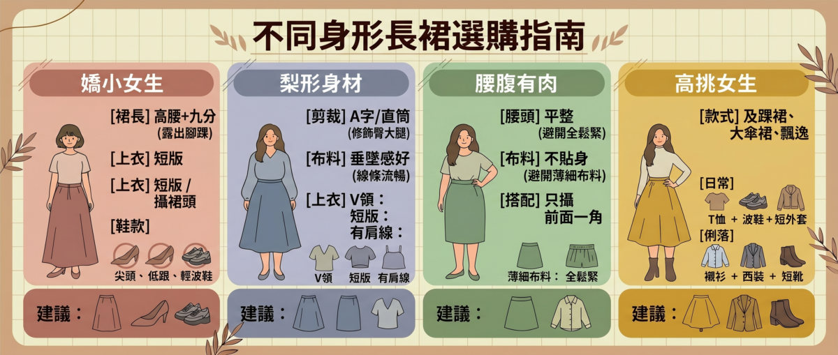 長裙穿搭建議資訊圖：針對嬌小、梨形、腰腹有肉及高挑身形推薦的最佳長裙款式、裙長選擇與上衣搭配技巧。