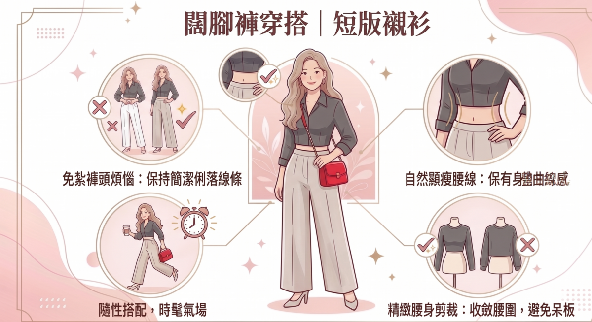 如果你不想處理紮褲頭的麻煩，一件剪裁俐落的短版襯衫就是闊腳褲的最佳拍檔。