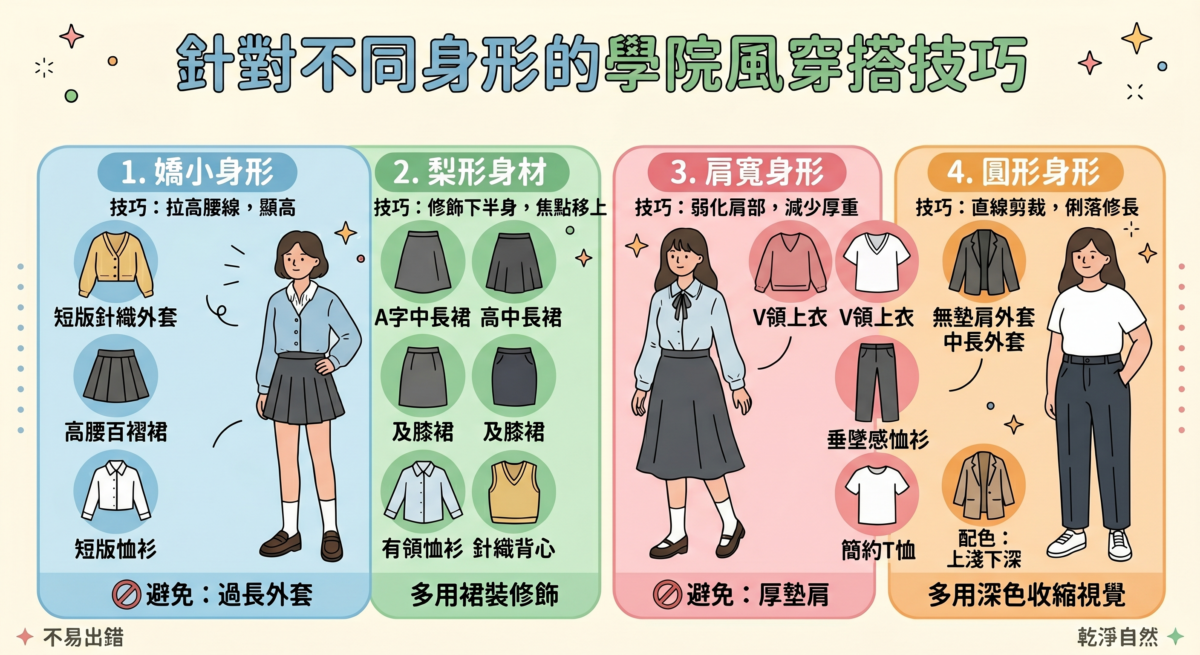 不同身形學院風修飾技巧資訊圖：整理嬌小女生（高腰短版）、梨形身材（A字修飾）、肩寬女生（V領垂墜）及圓身女生（深色直筒）的穿搭重點，提升學院風視覺比例。