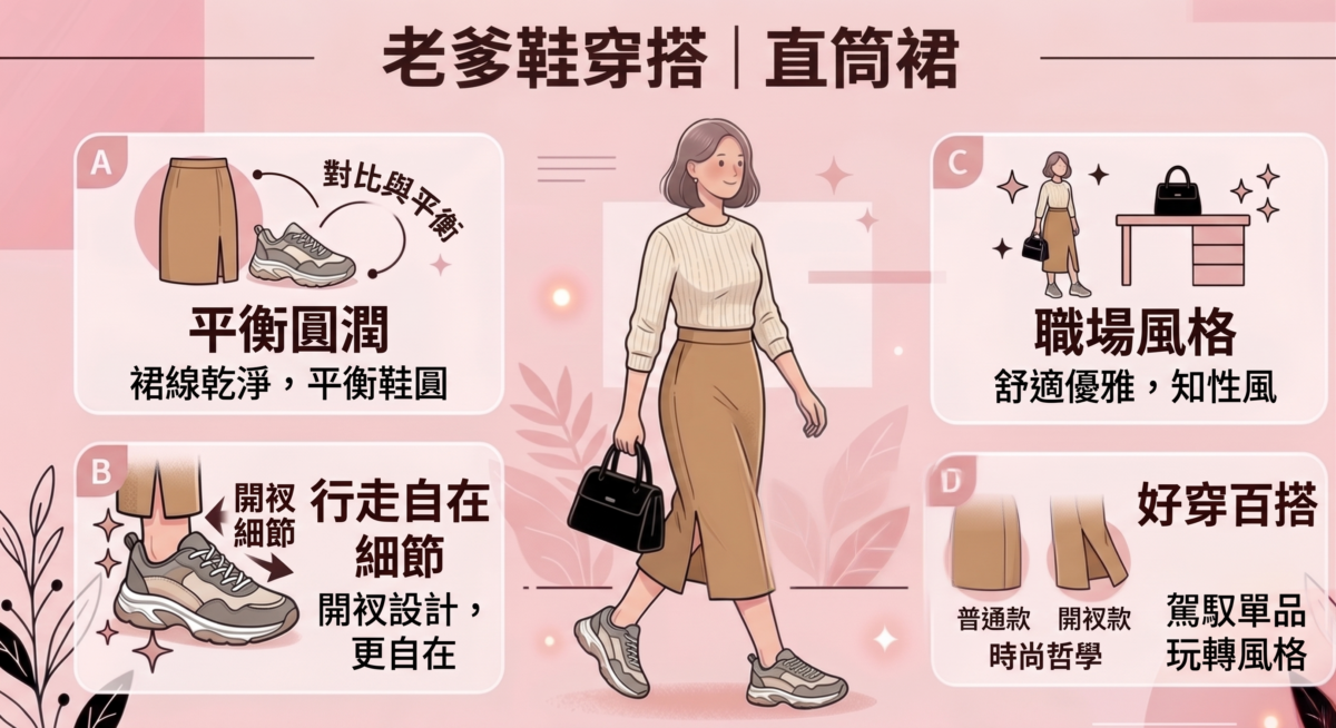 直筒裙的線條乾淨，能平衡老爹鞋的圓潤感，是辦公室日常穿搭的好選擇，既舒適又兼顧禮儀。