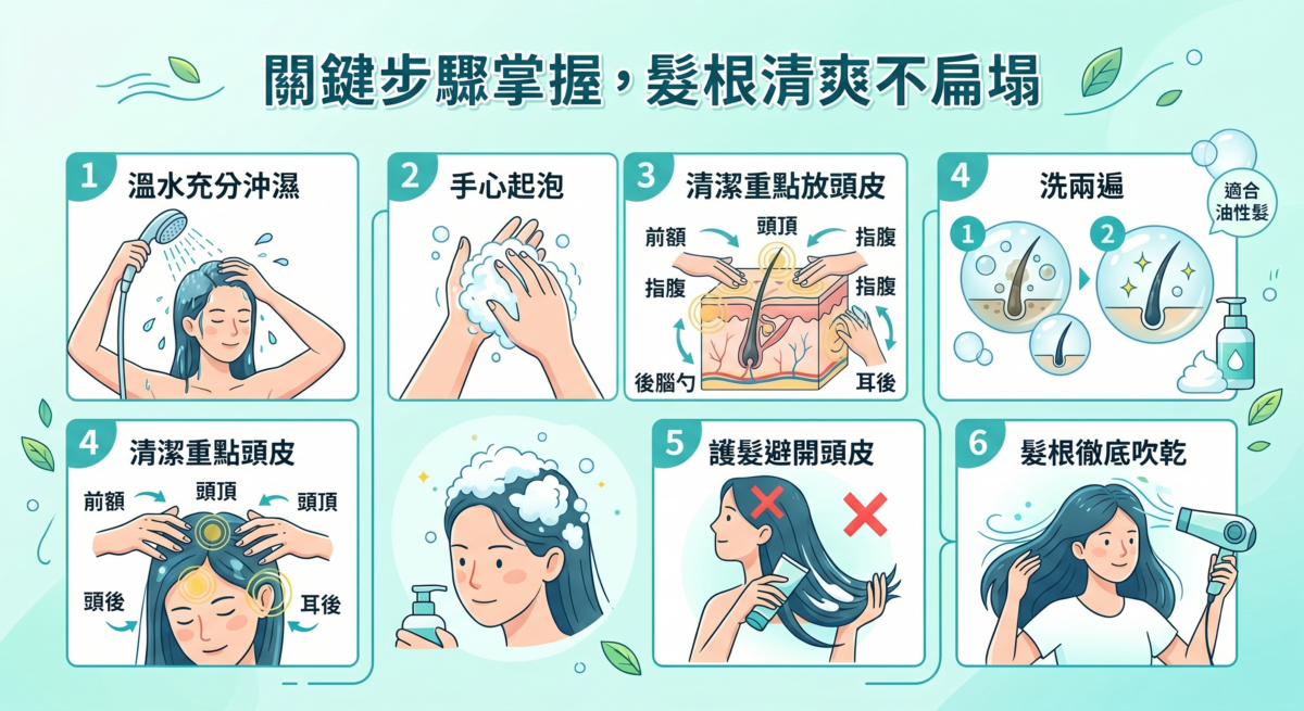 控油洗頭水正確洗法教學資訊圖，包含溫水預沖、掌心起泡、指腹按摩頭皮、兩次清潔、吹乾髮根等五個步驟，幫助解決頭皮出油與髮根扁塌問題。