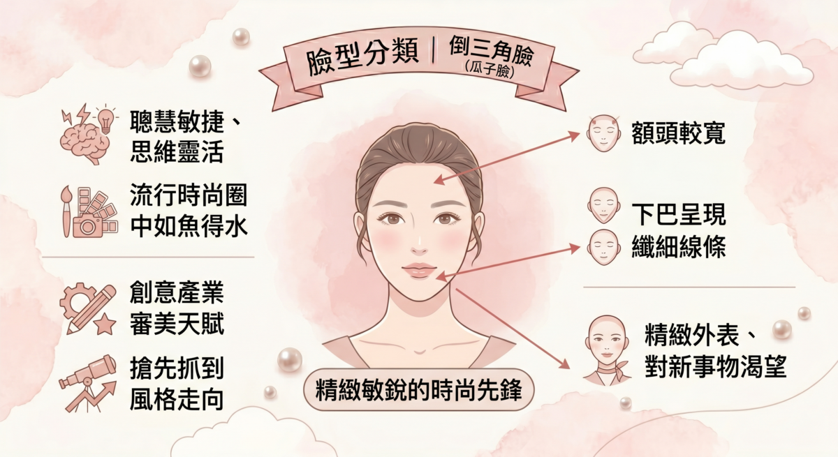倒三角形臉又稱為瓜子臉，這種臉型最明顯的特徵是額頭較寬，而下巴呈現出纖細的線條。