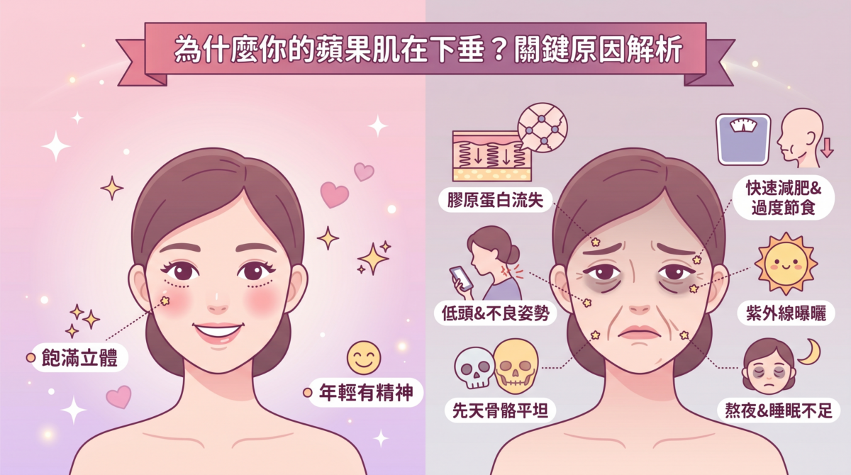 蘋果肌下垂原因懶人包：圖解先天骨架、膠原蛋白流失、過度減肥、熬夜、低頭族及紫外線對臉部鬆弛與法令紋的影響。