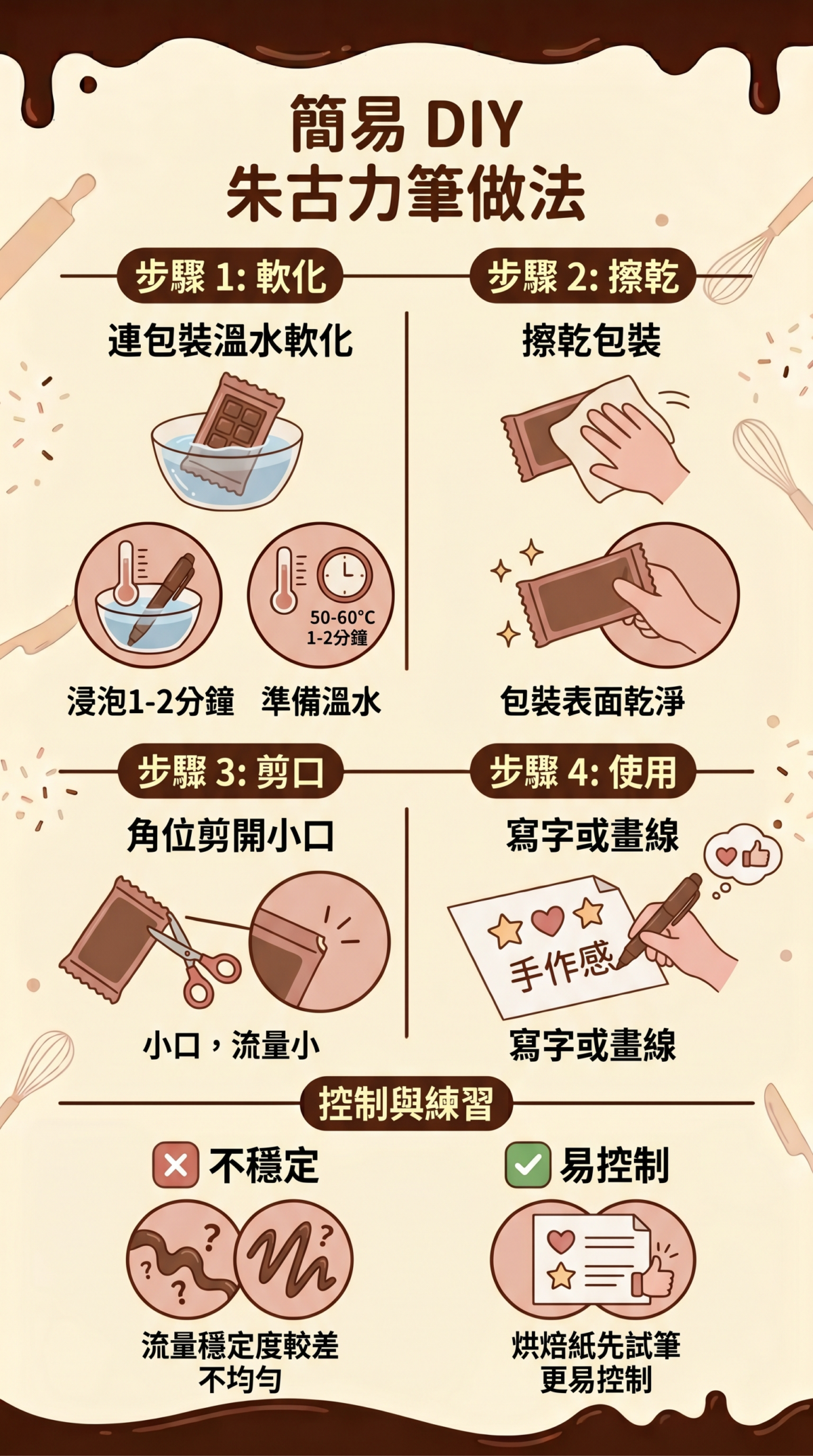 DIY 巧克力筆教學：利用獨立包裝巧克力，透過溫水軟化並在角位剪口，快速製作臨時裝飾筆的方法。