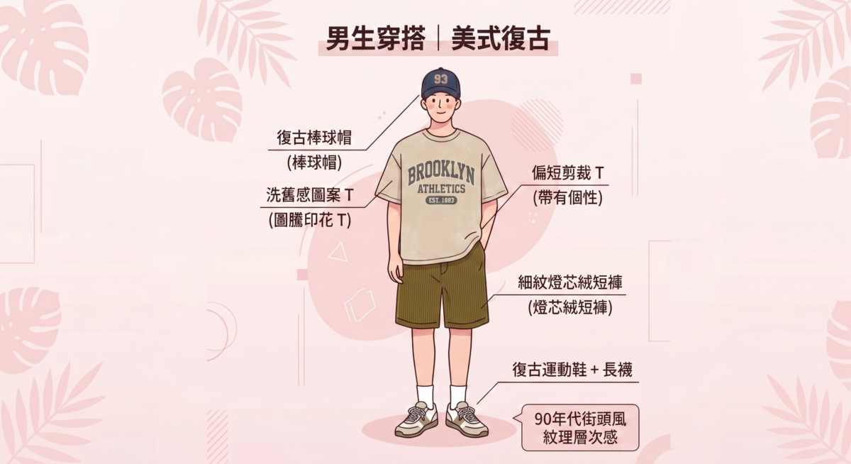 選一件帶有美式復古字體或洗舊感圖案的 T-shirt，搭配長度偏短的燈芯絨短褲。