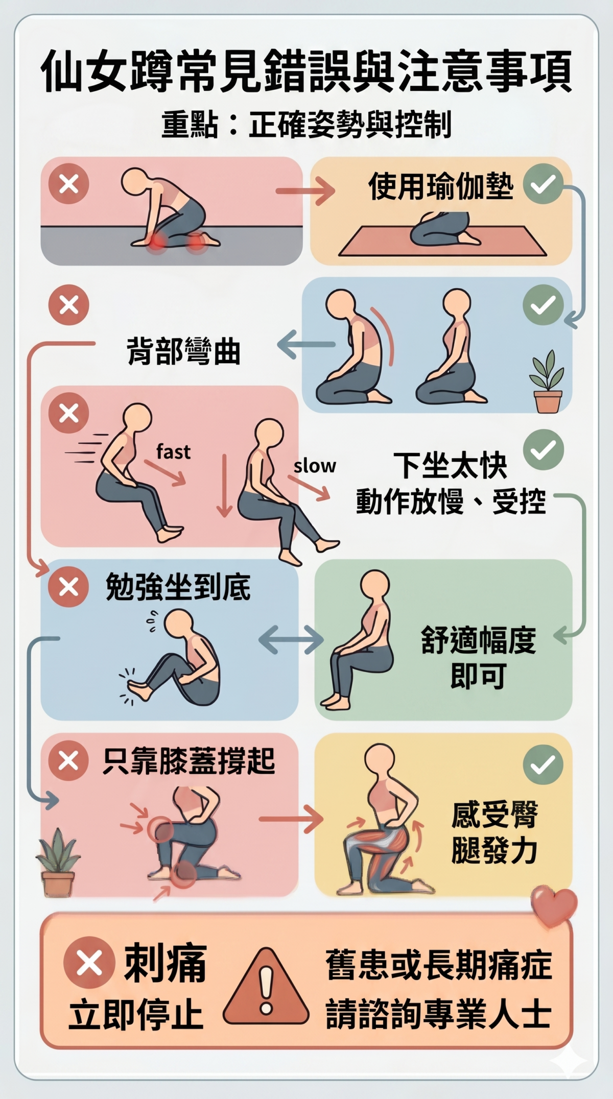 仙女蹲常見錯誤與正確姿勢對照圖：提醒避免直接跪硬地、塌腰、下坐過快及膝蓋硬撐等錯誤，並提供使用瑜伽墊、保持背部挺直與臀部發力的正確指引。