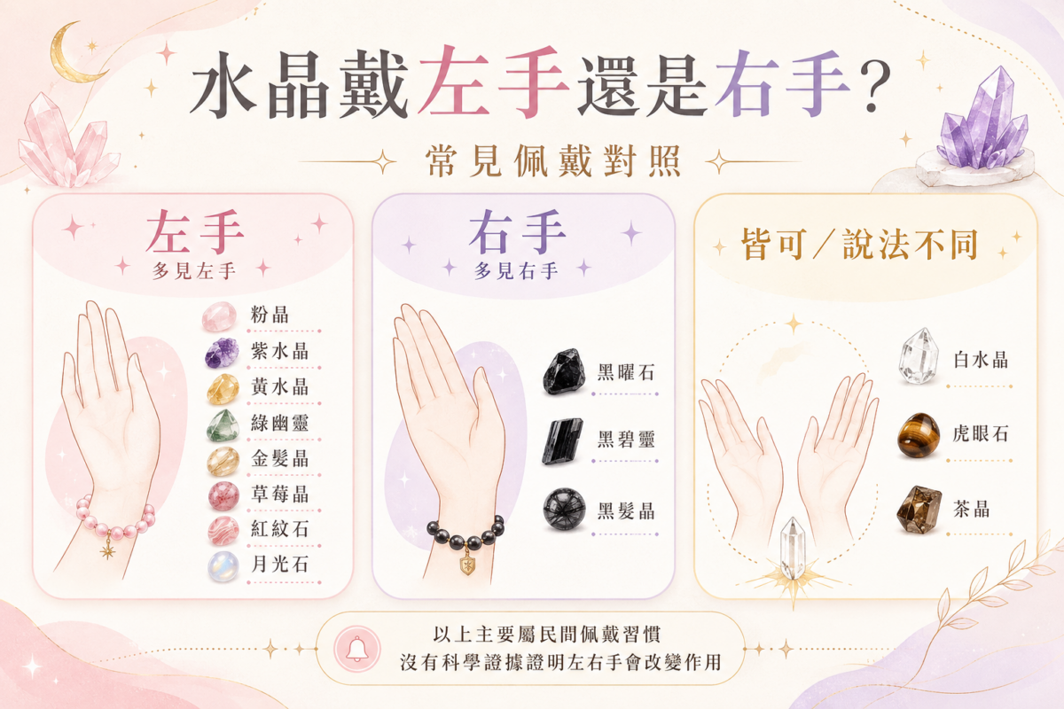 常見14款水晶左右手佩戴對照圖:包含粉晶紫水晶等左手水晶、黑曜石黑碧璽等右手水晶及雙手皆可配戴的水晶速查對照