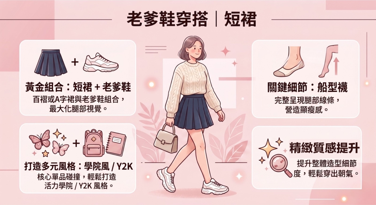 這套穿搭是打造活力學院風或Y2K風格的核心單品，透過短裙與運動鞋的碰撞，輕鬆穿出朝氣。