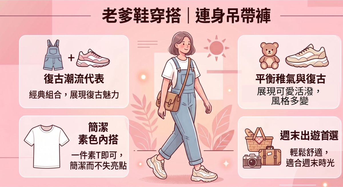 吊帶褲的稚氣感能被厚底鞋的復古線條平衡，展現可愛活潑的風格，非常適合週末出遊。