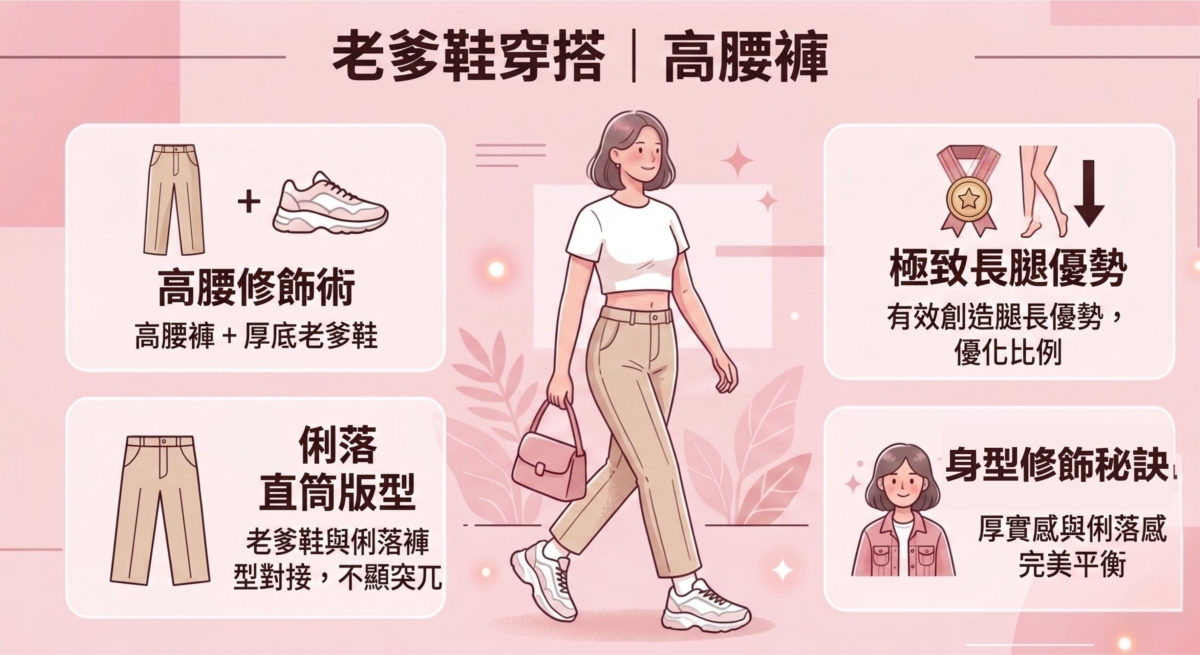 高腰褲搭配厚底老爹鞋，能有效創造腿長優勢，是針對身型修飾的一大秘訣。