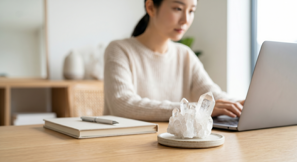 書桌或辦公桌可擺放小型白水晶簇、白晶柱或白水晶球，為工作和學習空間增加專注與安定感。