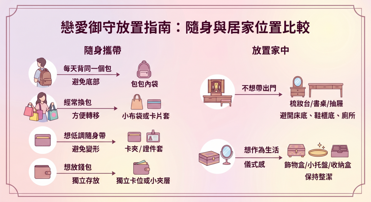 戀愛御守放置位置比較圖：包含包包內袋、錢包卡位、卡夾及居家梳妝台的收納建議與注意事項。
