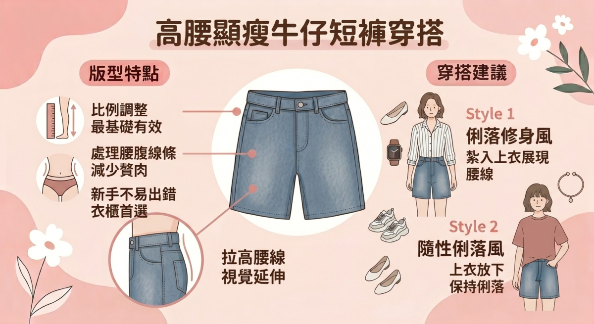 腰線位置高於肚臍的高腰設計，是比例調整最基礎也最有效的方法。