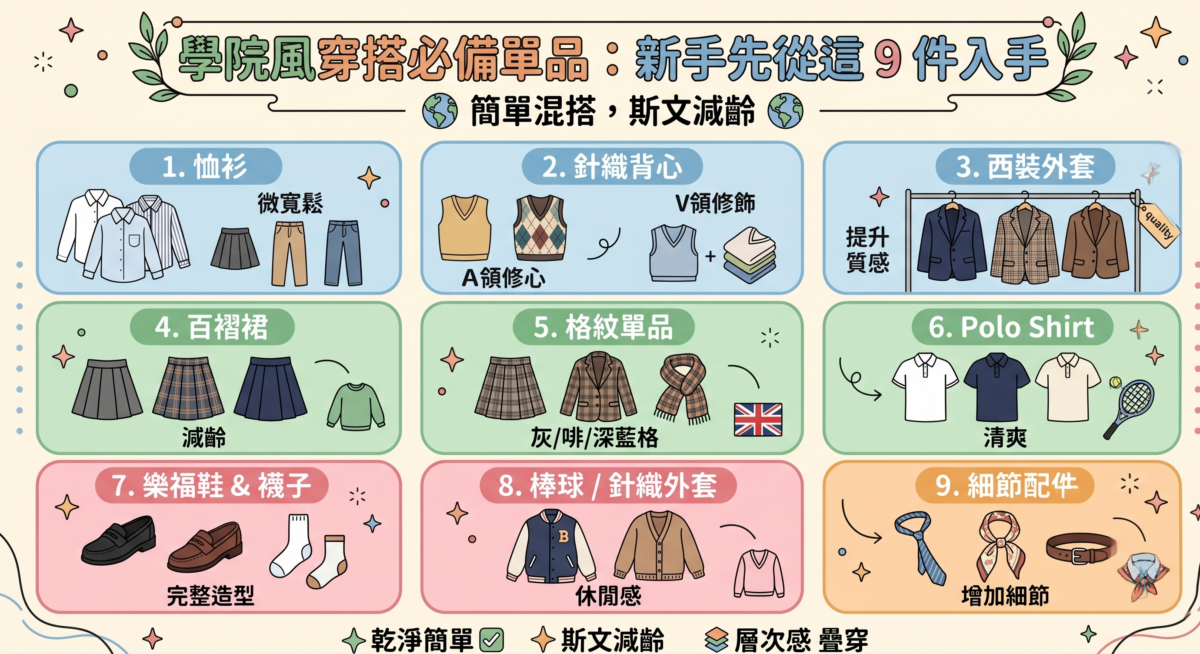 學院風穿搭新手必備 9 件單品資訊圖，展示恤衫、針織背心、西裝外套、百褶裙、格紋單品、Polo Shirt、樂福鞋配襪子、棒球外套以及領帶皮帶等經典英倫學院元素。