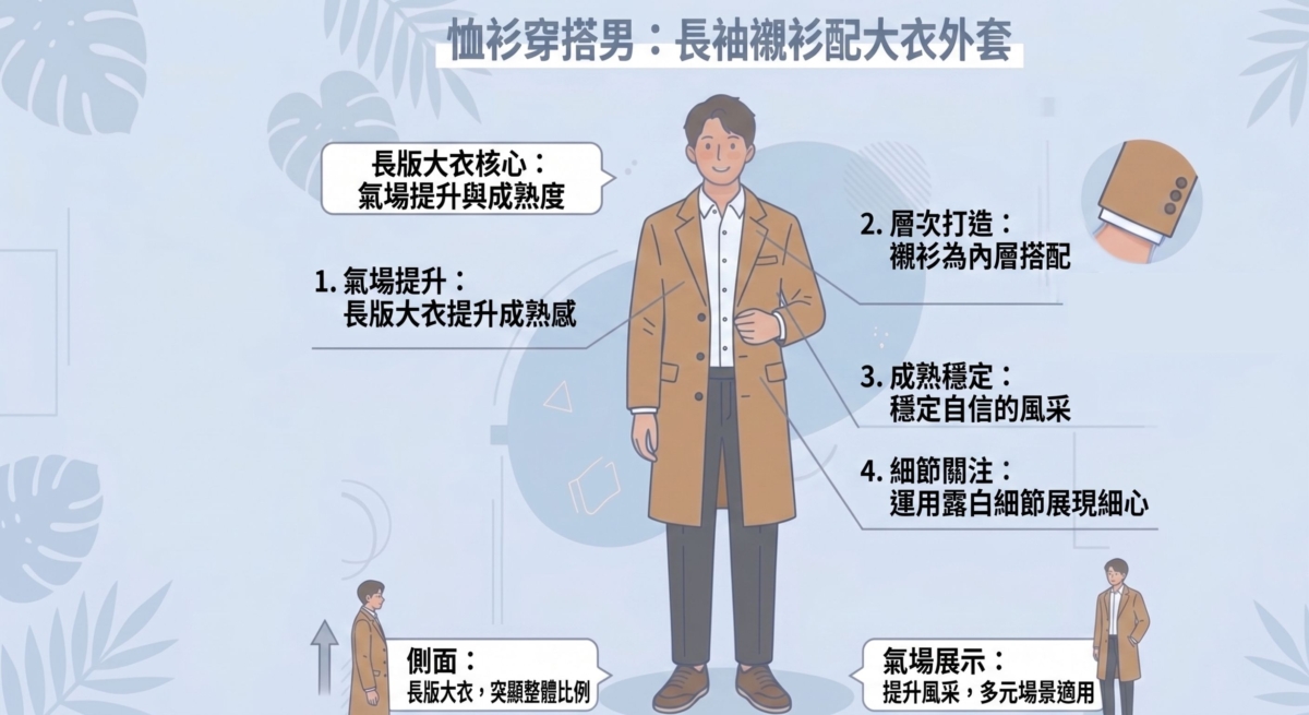 將長袖襯衫作為長版大衣的內層搭配，是提升氣場與成熟度的不二法門。