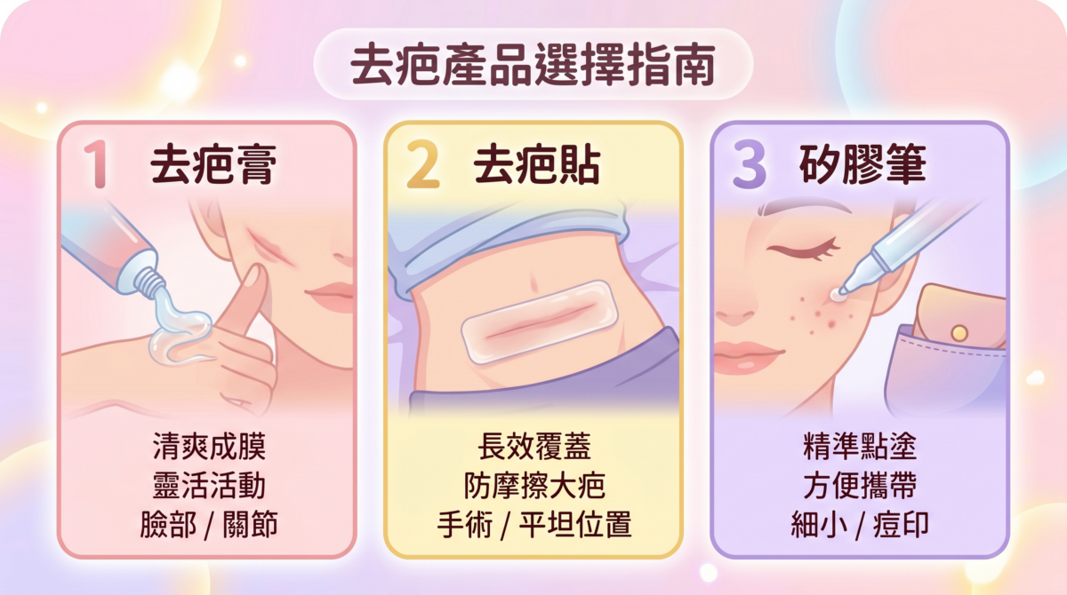 去疤產品種類比較圖:對比矽膠凝膠、去疤貼片與去疤筆的特點、適用部位與注意事項,包含臉部關節、手術大面積疤痕及小面積痘印的產品選擇建議。