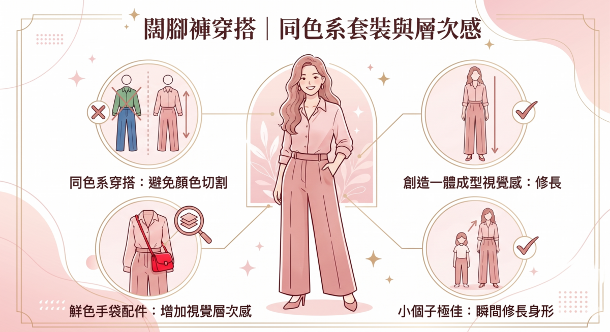同色系（Tone on Tone）穿搭能避免顏色將身材切割，創造出一體成型的視覺感。