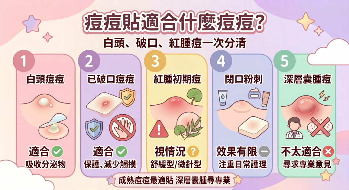 痘痘貼適用性分析圖:對比白頭痘、破口痘、紅腫痘、粉刺及囊腫痘的使用效果,標示水膠體痘痘貼的最佳使用時機。