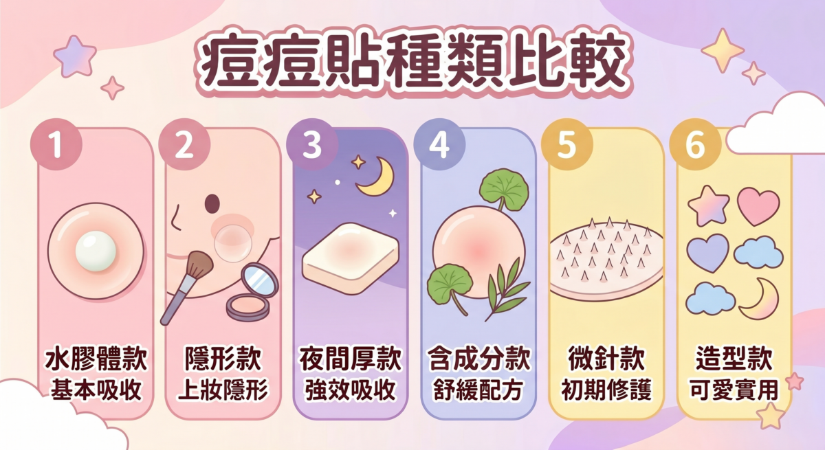 2026年痘痘貼種類比較圖:針對水膠體、隱形、夜間厚款、微針、含成分及造型款,分析其外觀特點與適用情況(如日間上妝、睡前吸收、初期紅腫)。