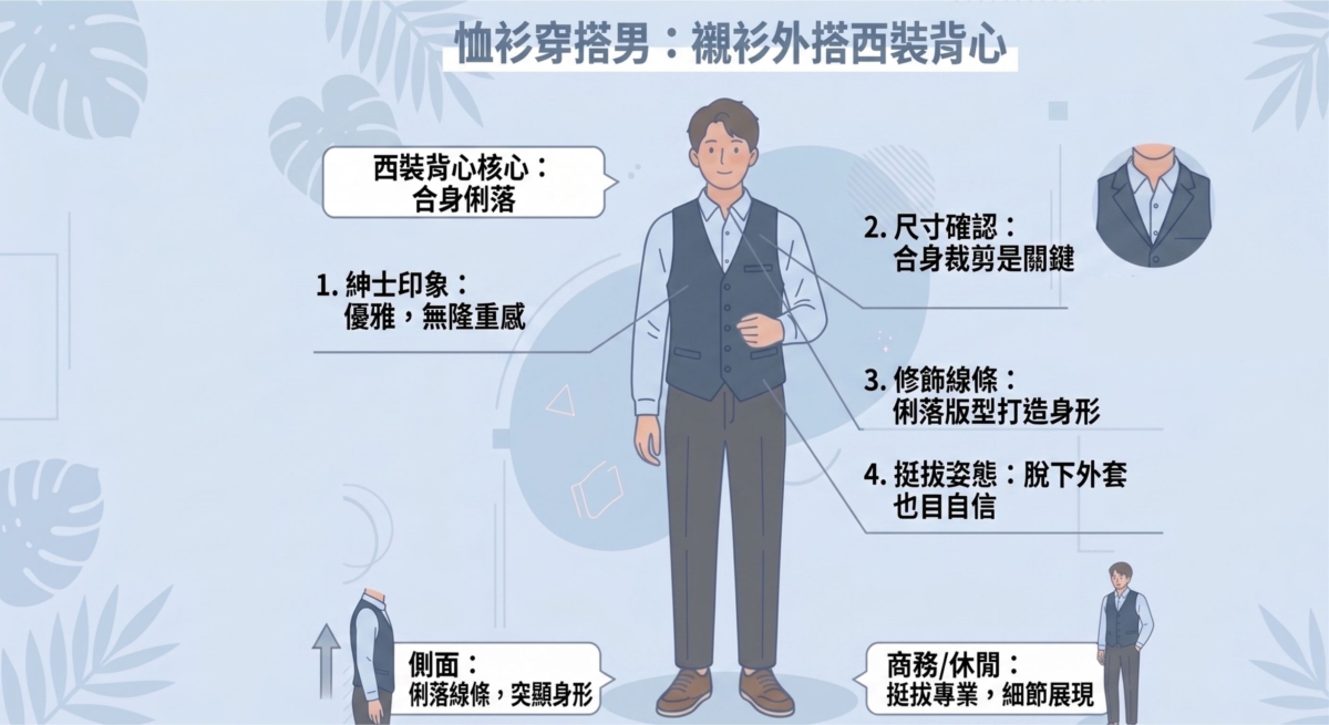比起穿整套西裝顯得過於隆重，單穿襯衫配西裝背心會顯得更紳士且不帶壓迫感。