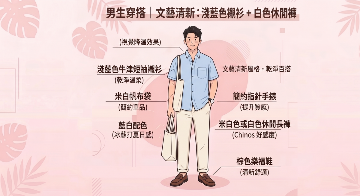 淺藍色的牛津短袖襯衫給人一種乾淨、溫柔的印象，搭配米白色或白色的休閒長褲。