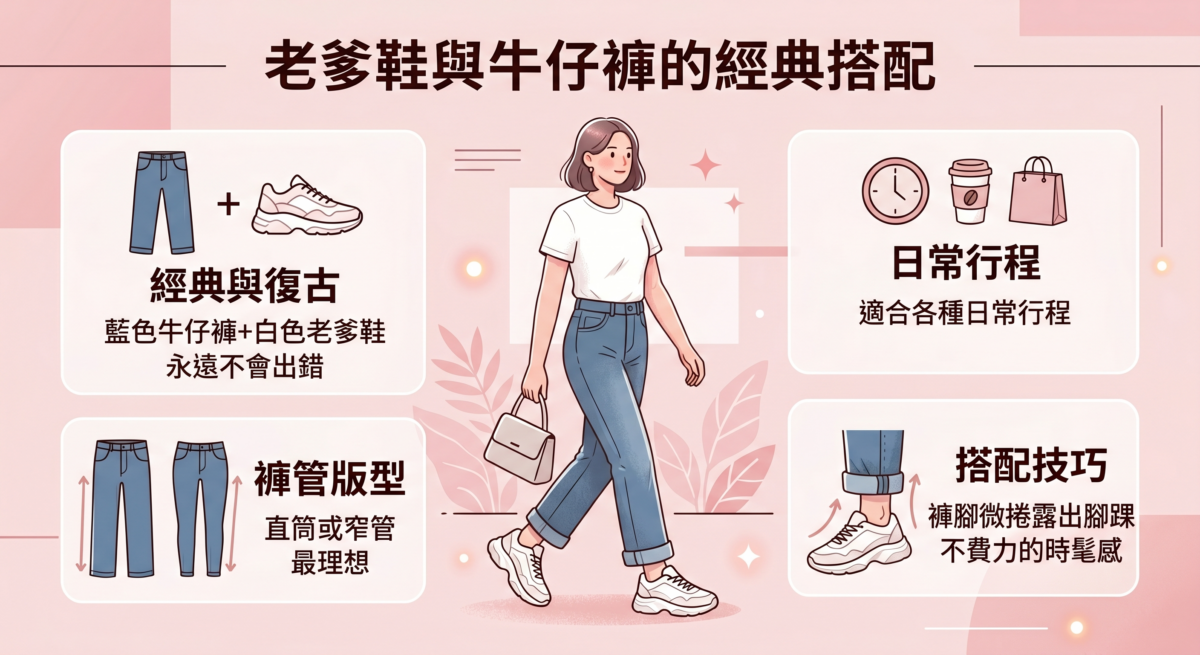 牛仔褲的率性與老爹鞋的復古感相得益彰，這種搭配適合各種日常行程。