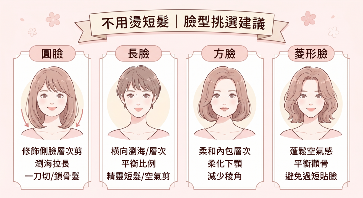 這是一張粉色調的資訊圖表，採用柔和的插畫風格，標題為「不用燙短髮 | 臉型挑選建議」。圖表分為四個垂直列，每一列針對不同的臉型提供髮型建議，包括對應的女性插畫和文字描述。