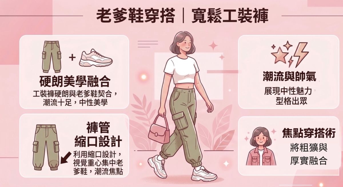 工裝褲的硬朗特質與老爹鞋完美契合，是潮流感十足的選擇，能展現帥氣的中性美。