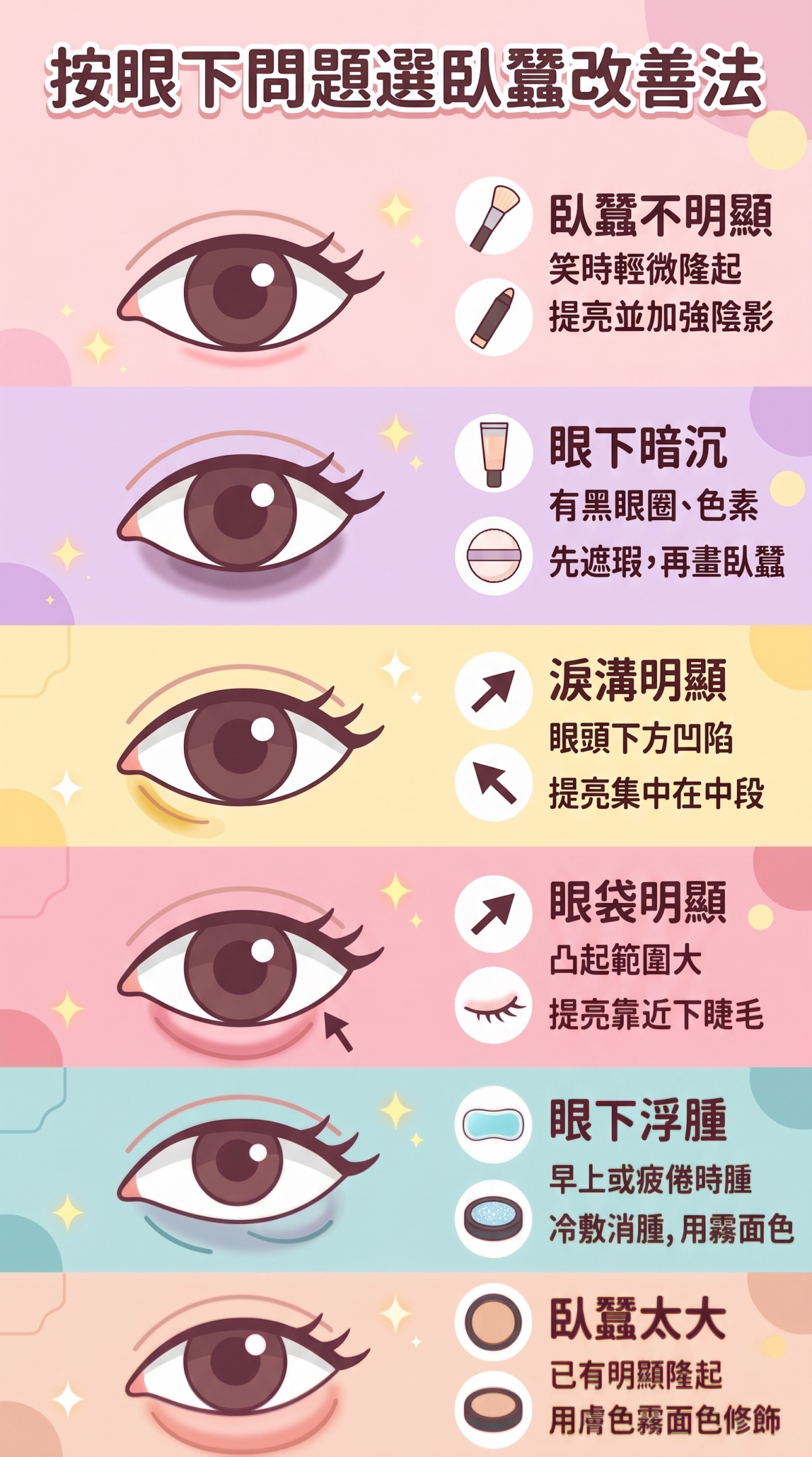 臥蠶改善方法教學：針對臥蠶不明顯、黑眼圈暗沉、淚溝、眼袋及眼部浮腫提供相對應的化妝修飾與保養建議對照圖。