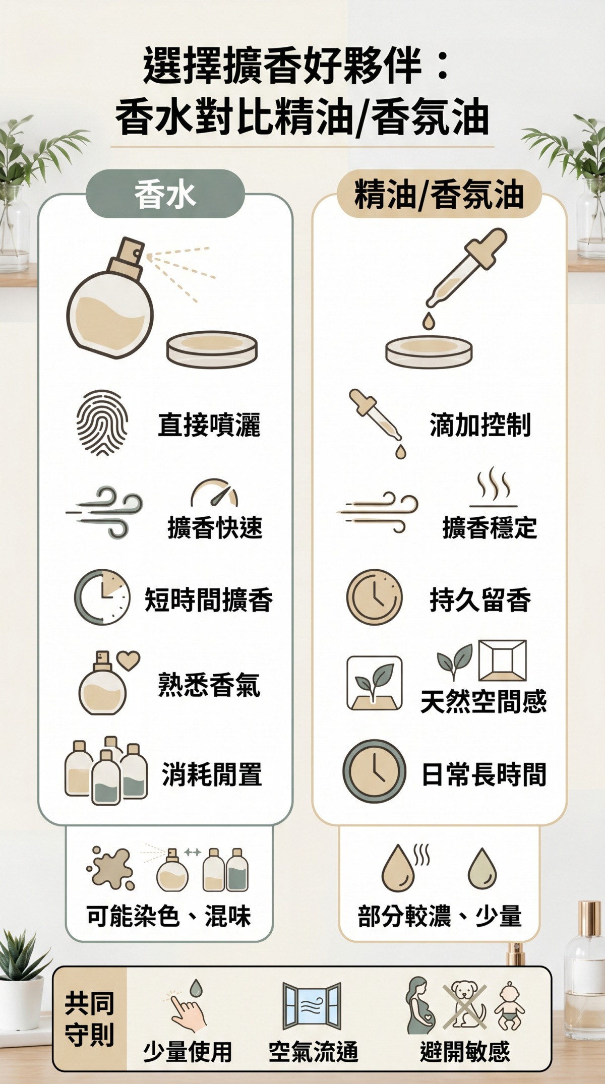 擴香石介質對比圖:香水與精油在便利度、擴香速度、留香時間及適合場景的詳細比較,並包含孕婦寵物環境的安全使用建議。
