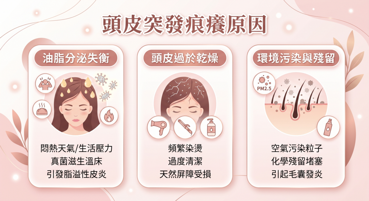 頭皮痕癢的原因非常多樣化。對於生活在節奏明快、濕度較高的都市女性來說比較常見。