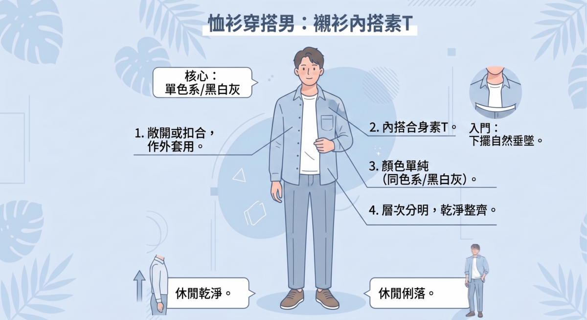 將襯衫當作輕便外套穿著，內搭一件合身素T，是進入層次穿搭最簡單的入門法則。