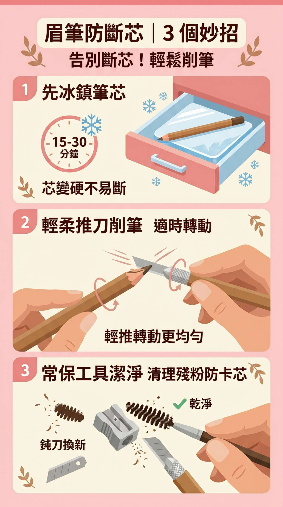 眉筆防斷芯教學資訊圖：包含雪櫃冷凍硬化法、輕推削筆技巧以及削筆器工具清潔保養建議。
