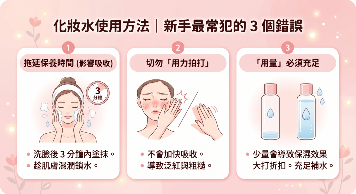 化妝水不是隨便啪啪拍上臉就可以了，有一些新手誤區也要特別注意。