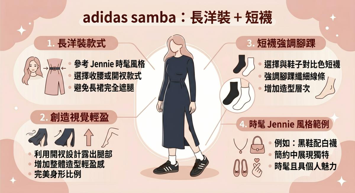 洋裝可選擇收腰或開衩款式，避免長裙完全遮蓋腿部，保持視覺上的輕盈感。
