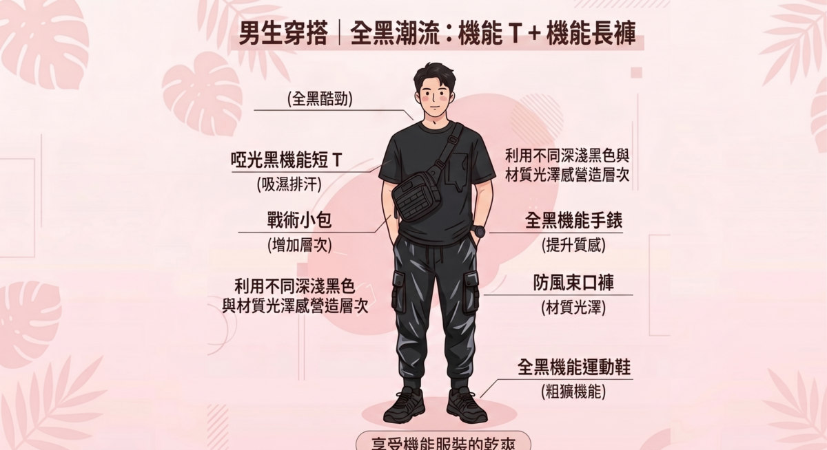 選擇吸濕排汗的機能面料，利用不同深淺的黑色與材質的光澤感來營造層次。