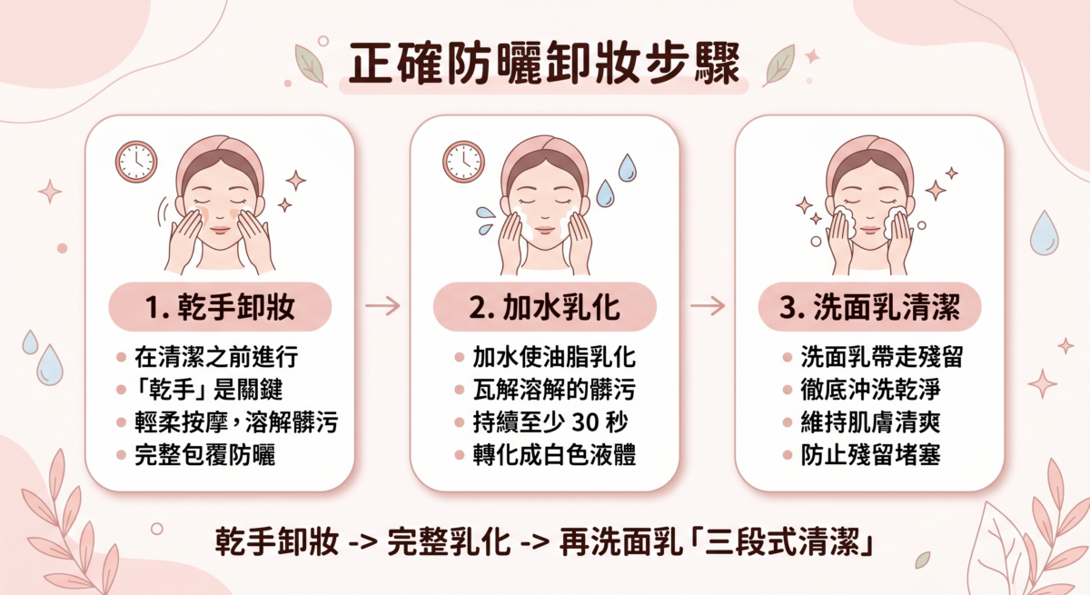 正確的防曬卸妝流程，順序與手法真的很重要。請務必記得，乾手卸妝是關鍵。