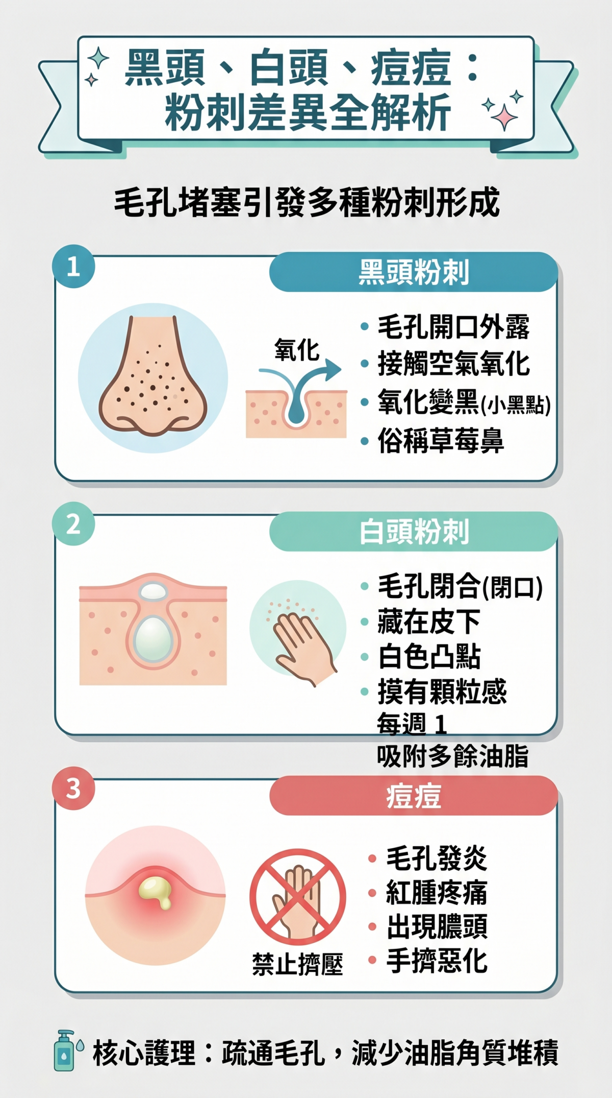 黑頭、白頭與痘痘的差異對照圖：詳細展示開放性黑頭（氧化變黑）、閉鎖性白頭（白色顆粒）以及發炎性痘痘（紅腫膿頭）的成因與外觀區別。