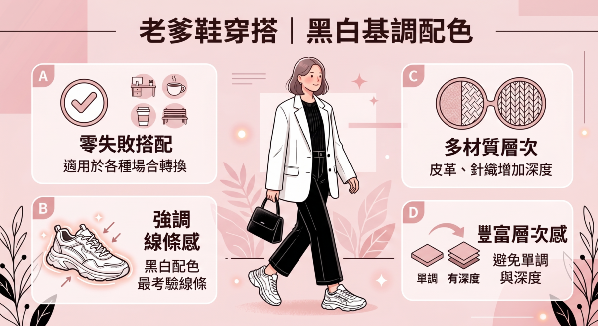 想避免視覺過於單調，建議運用皮革、針織等不同材質來增加層次，讓黑白配顯得更有深度。