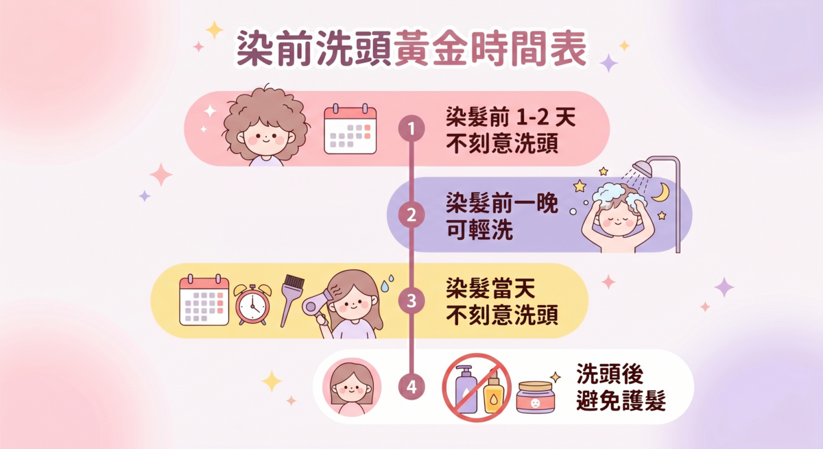 染髮前洗頭時間建議表：標示染前1-2天、前一晚與染髮當天的洗頭建議，並提醒染前應避免使用護髮產品與造型品的視覺指引圖。