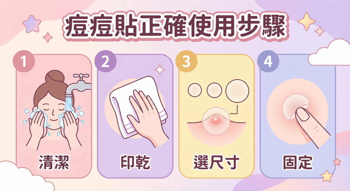 痘痘貼正確使用步驟教學:包含清潔長痘位置、印乾水分、選擇合適尺寸及按壓固定等 4 個步驟,並強調先貼後護膚的正確順序。