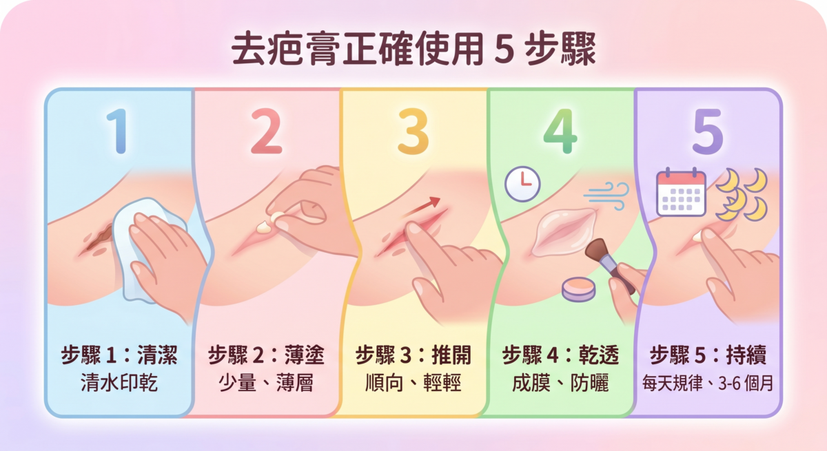 去疤膏正確使用步驟教學圖表:包含清潔、薄塗、順向推開、等待成膜及規律使用的5大流程,並標註新舊疤痕所需的2至6個月護理期。