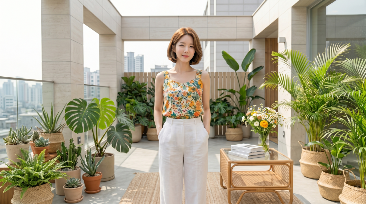 圖紋背心能為簡單穿搭增加夏日感和造型重點，下身建議配素色褲裝或裙裝，保持「一繁一簡」更耐看。