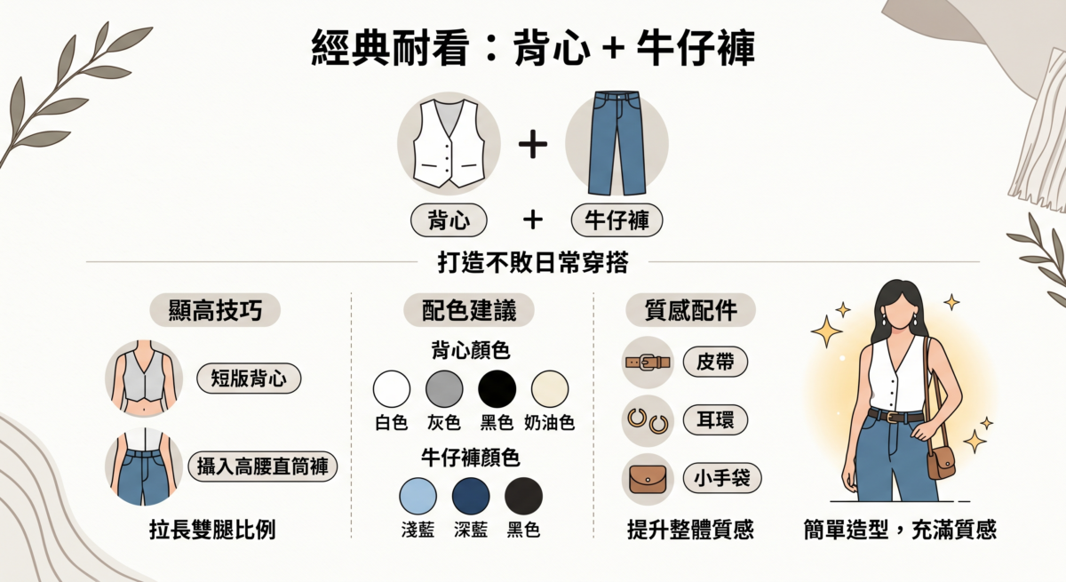 背心與牛仔褲穿搭公式圖解：展示短版背心搭配高腰牛仔褲的顯高技巧，並列出白、灰、黑等基礎色系與丹寧褲的質感配色建議。