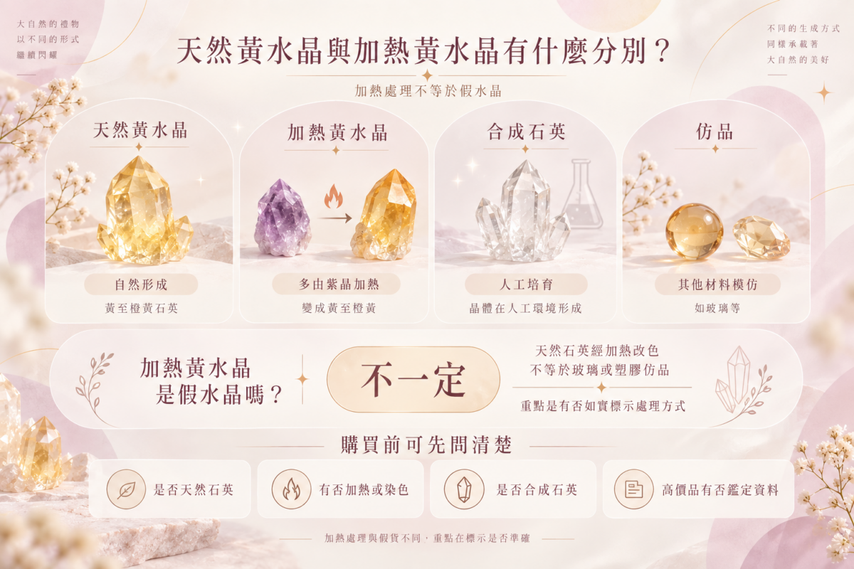 黃水晶種類對比圖解:包含天然黃水晶、加熱處理黃水晶、合成石英與仿品的來源差異與基本理解說明。