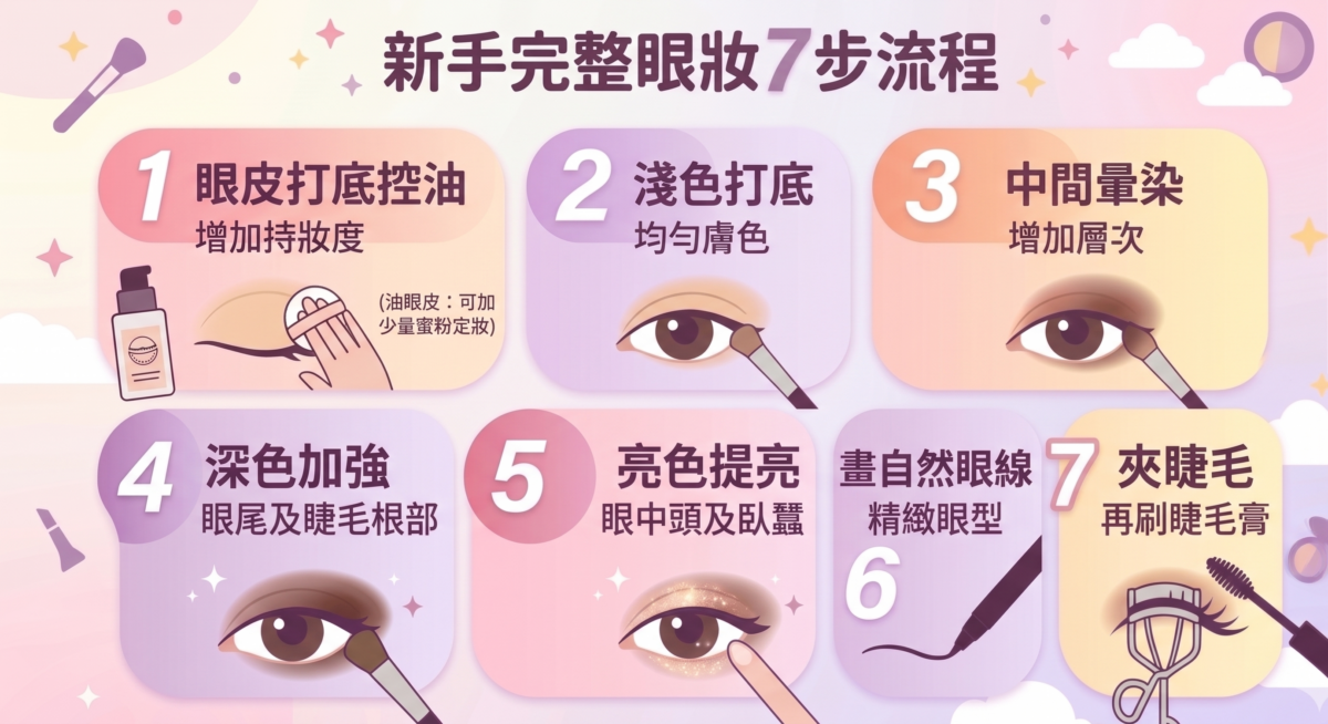 完整眼妝順序教學流程圖，包含眼皮打底、三層眼影堆疊（淺色、中間色、深色）、珠光提亮、眼線以及睫毛膏的標準化妝步驟指引。