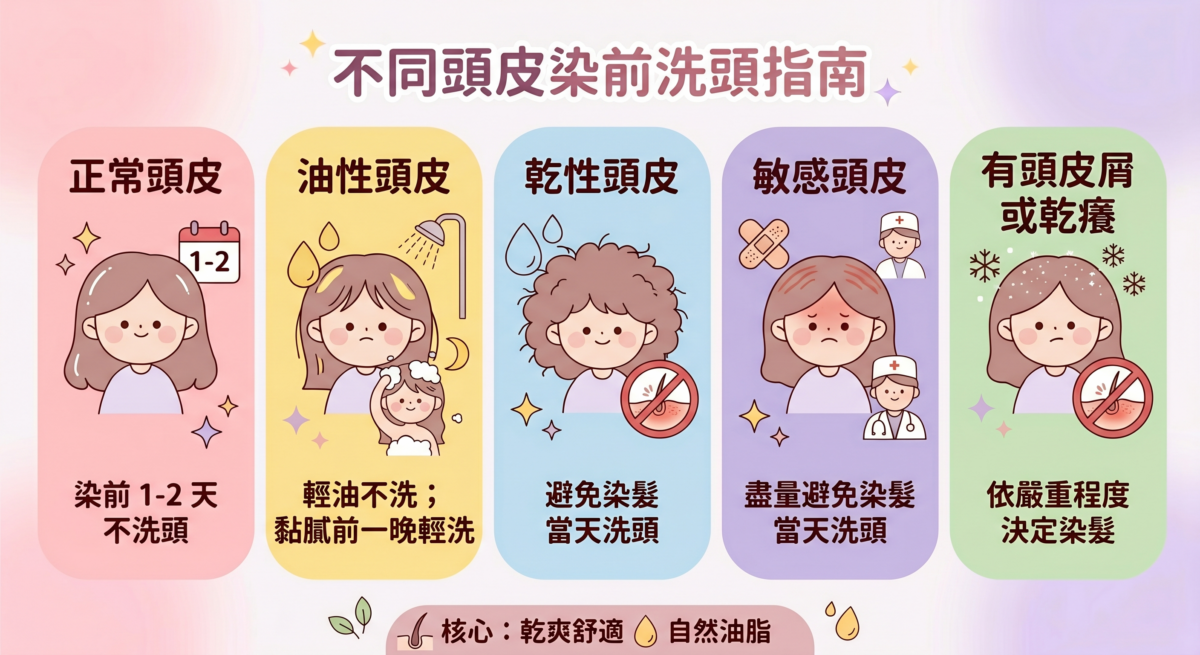 不同頭皮狀態的染髮前洗頭建議圖表，包含正常、油性、乾性、敏感以及有受損狀況的頭皮，分別標示最佳洗頭時間與染前護理注意事項。