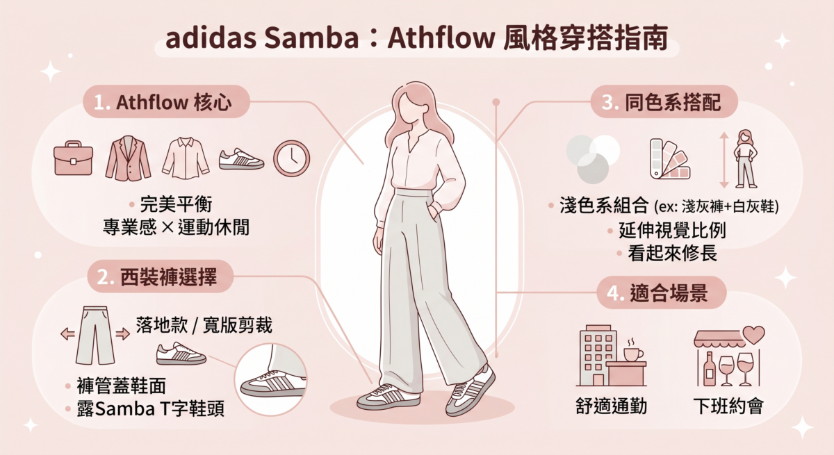 這是近期最流行的「Athflow」風格，完美平衡了專業感與運動休閒。