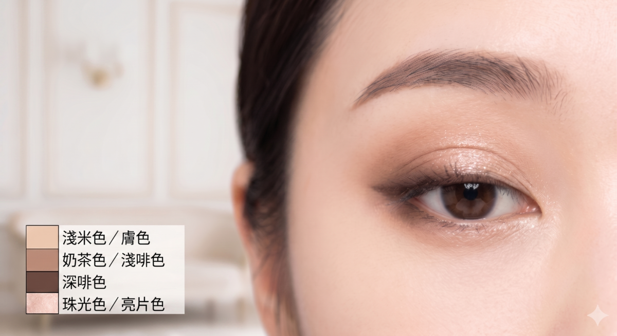 新手畫眼影可先準備一盤大地色眼影，包含打底色、中間色、深色和提亮色，已足夠完成日常眼妝。