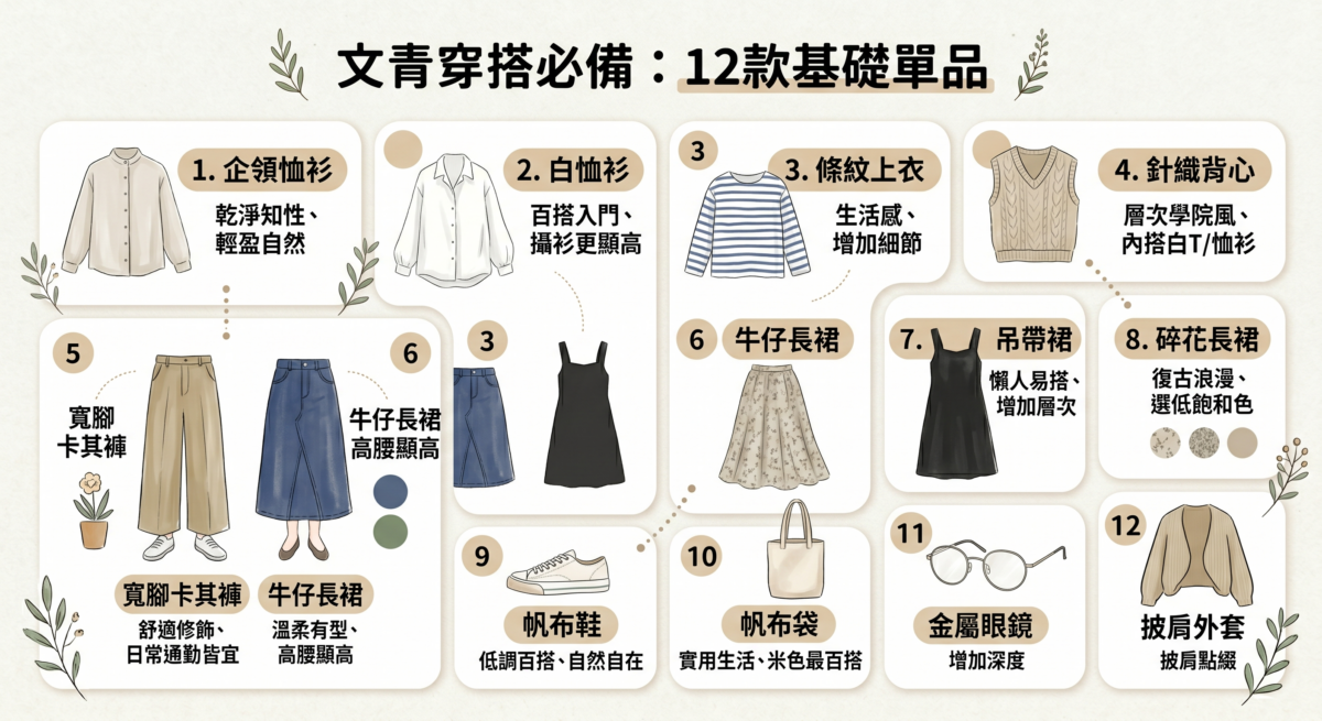 文青穿搭 12 款必備單品視覺清單，包含企領恤衫、白恤衫、條紋上衣、針織背心、卡其寬褲、牛仔與碎花長裙、吊帶裙、帆布鞋、帆布袋、金屬框眼鏡及針織披肩，展現日系簡約知性風格。